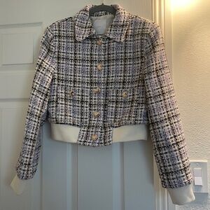 MANGO purple plaid tweed bomber jacket with rhinestone heart buttons